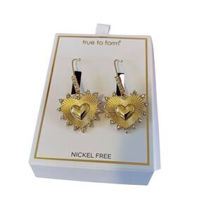 Striking Gold Tone Long Drop Heart Earrings Encircled w/ Pave Crystals.